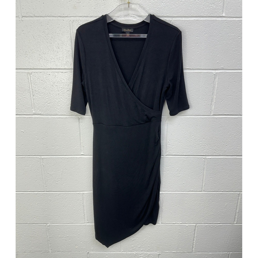 Goldray Dress Black Ribbed Faux Wrap Asymmetrical / Womens Medium